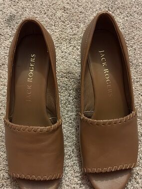 Jack Rogers Brown Leather Wedge Loafers with Whipstitch Detail
